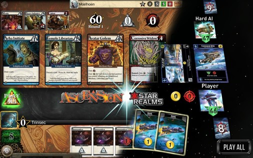 A mashup of a game screen from Ascension and Star Realms, showing large similarities between both games.
