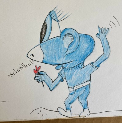 Blue creature with a waving arm and little red flower in the other hand. It calls „I want to be in“ - pencil drawing