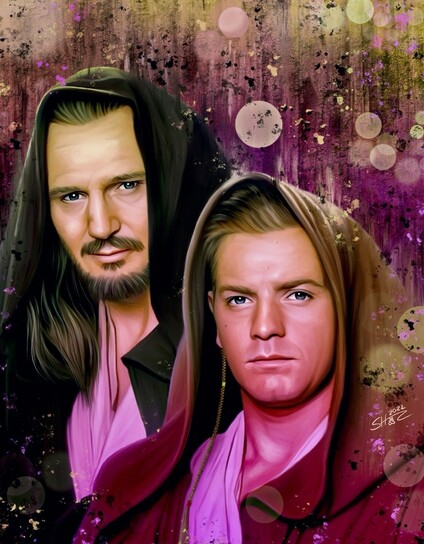 Painting of Obi-Wan Kenobi and Qui-Gon Jinn standing next to each other, looking straight into the camera. The painting is done in lots of pink and purple tones that blend into green