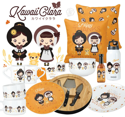 Arranged display of various mocked up products with a shared "Kawaii Clara" titled Thanks Giving theme.
