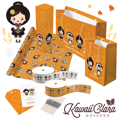 Arranged display of various mocked up gift wrapping products with a shared "Kawaii Clara" titled Thanks Giving theme.
