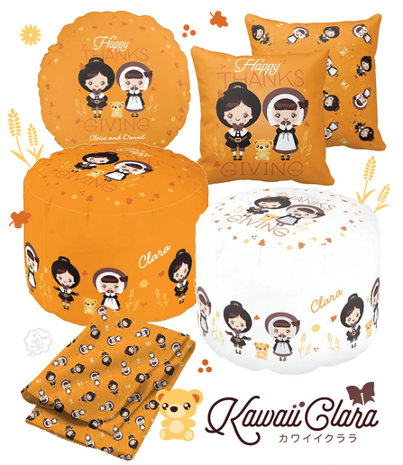Arranged display of various mocked up bedding products with a shared "Kawaii Clara" titled Thanks Giving theme.