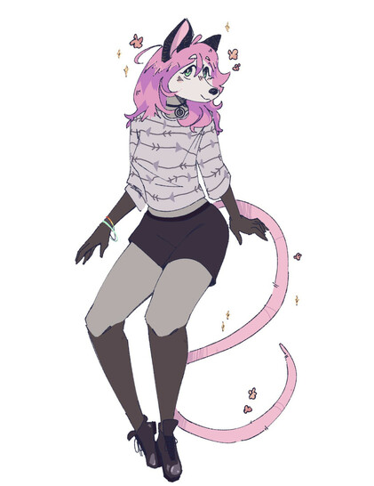 A digital drawing of an anthropomorphic opossum with pink hair