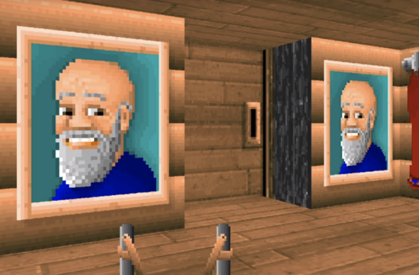 A screenshot from the game Super 3d Noah's Ark. Two painting of Noah next to a wooden door. They are identical. On both Noah is smiling but his eyes aren't, and it looks like he's in great pain, or in the middle of passing a large cactus.
