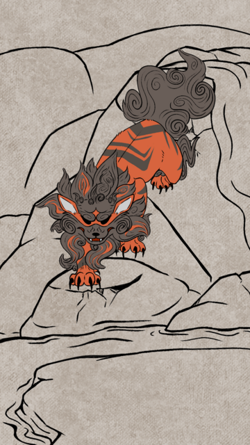 An unfinished artwork of Hisuian Arcanine from "Pokemon Legends Arceus" drawn in an inspired Sumi-e artstyle from the game Okami. Arcanine, drawn with color, is walking down an uncolored volcanic mountain and staring at the viewer.