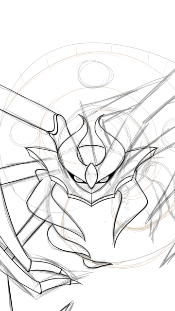 An unfinished, mostly sketch, artwork of Origin Forme Giratina from "Pokemon", floating in a spiral pattern and staring at the viewer.