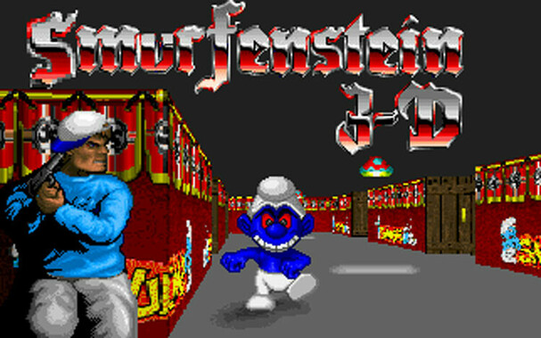 Title screen. Smurfenstein 3-D. Like Wolfenstein, but a smurf instead of a nazi.
