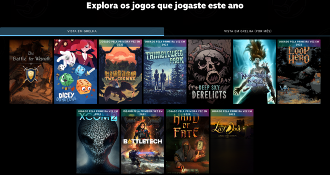 Imagens dos videojogos que joguei este ano em Steam: The Battle for Wesnoth, Dicey Dungeons, Kingdom Two Crowns, Thimbleweed Park, Deep Sky Derelicts, Neverwinter Nights: Enhanced Edition, Loop Hero, XCOM 2, Battletech, Hand of Fate e The Last Door. Collector's Edition.