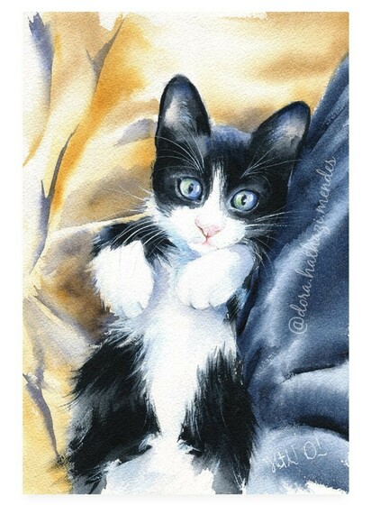 Tuxedo Kitten watercolor painting by Dora Hathazi Mendes.  Art prints available