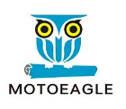 A business logo for a company called "MotoEagle" with a drawing of a blue owl with big yellow eyes, perched on what looks like a rolled up scroll.