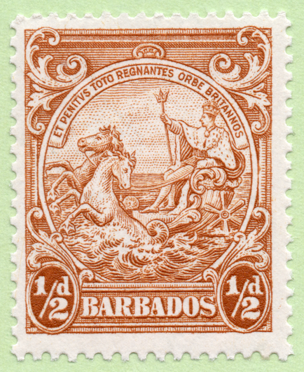 1942 Barbados postage stamp featuring the colonial seal with King George VI as Neptune in a chariot-boat pulled by sea horses. Acanthus leaf ornaments decorate the four corners of the stamp. The denomination, 1/2d, is enclosed in oval tablets to the bottom left and right. 

A pennant with the Latin motto, "et penitus toto regnantes orbe britannos" ("â€¦and Britain rules the whole world") is at the top of the seal vignette. Between the denomination tablets reads, "Barbados."
