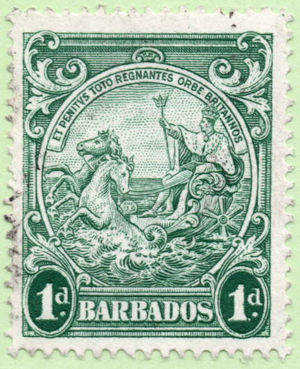 1942 Barbados postage stamp featuring the colonial seal with King George VI as Neptune in a chariot-boat pulled by sea horses. Acanthus leaf ornaments decorate the four corners of the stamp. The denomination, 1d, is enclosed in oval tablets to the bottom left and right. 

Indistinct faint black postmark at left side of stamp.
