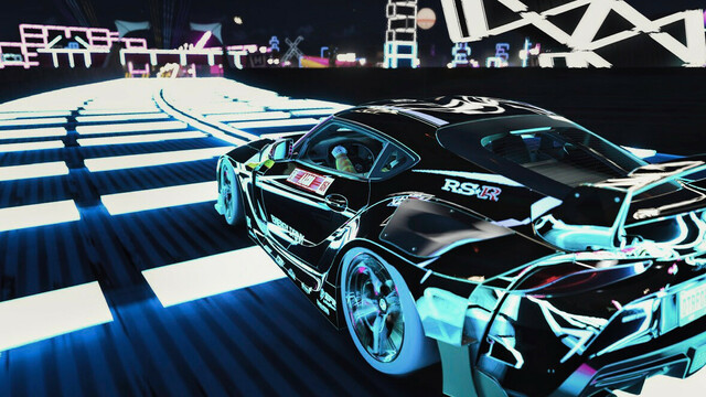 Shot of a black and gold 2020 Toyota GR Supra in motion on a path lined with blurred cyan neon bars.