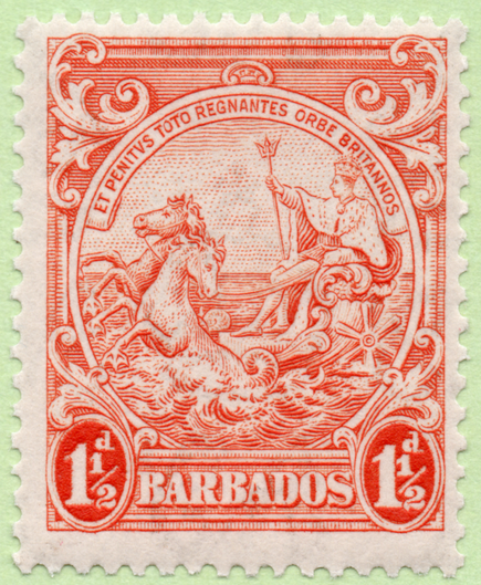 1938 Barbados postage stamp featuring the colonial seal with King George VI as Neptune in a chariot-boat pulled by sea horses. Acanthus leaf ornaments decorate the four corners of the stamp. The denomination, 1 1/2d, is enclosed in oval tablets to the bottom left and right. 

A pennant with the Latin motto, "et penitus toto regnantes orbe britannos" ("â€¦and Britain rules the whole world") is at the top of the seal vignette. Between the denomination tablets reads, "Barbados."

Unused, with perforations that measure 13 1/2 at top and bottom, and 13 at the right and left sides.
