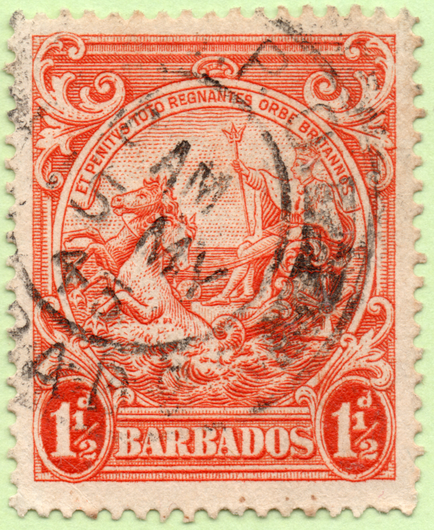 Another copy of the 1938 Barbados 1 1/2 pence red orange postage stamp, this time perforated 14 on all sides.

The stamp has been canceled with the circular date stamp from the G. P. O. (General Post Office) at Bridgetown, Barbados. The date reads, "10 AM 15 MY 45."