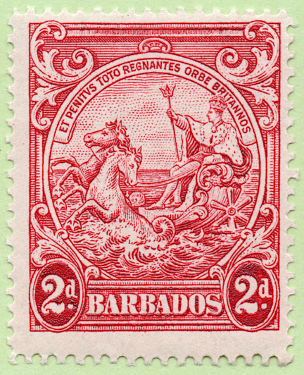 1943 Barbados postage stamp featuring the colonial seal with King George VI as Neptune in a chariot-boat pulled by sea horses. Acanthus leaf ornaments decorate the four corners of the stamp. The denomination, 2d, is enclosed in oval tablets to the bottom left and right. 

A pennant with the Latin motto, "et penitus toto regnantes orbe britannos" ("â€¦and Britain rules the whole world") is at the top of the seal vignette. Between the denomination tablets reads, "Barbados."