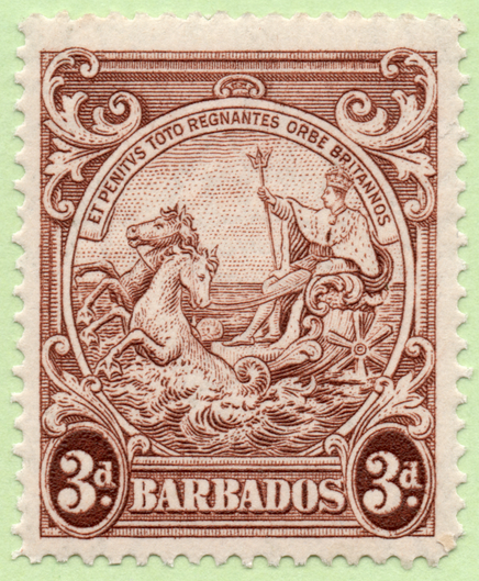 1938 Barbados engraved brown postage stamp featuring the colonial seal with King George VI as Neptune in a chariot-boat pulled by sea horses. Acanthus leaf ornaments decorate the four corners of the stamp. The denomination, 3d, is enclosed in oval tablets to the bottom left and right. 

A pennant with the Latin motto, "et penitus toto regnantes orbe britannos" ("â€¦and Britain rules the whole world") is at the top of the seal vignette. Between the denomination tablets reads, "Barbados."

Unused stamp, perf. 14.