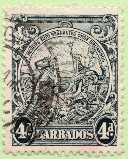 1938 Barbados postage stamp featuring the colonial seal with King George VI as Neptune in a chariot-boat pulled by sea horses. Engraved stamp printed in greenish black. Acanthus leaf ornaments decorate the four corners of the stamp. The denomination, 4d, is enclosed in oval tablets to the bottom left and right. 

A pennant with the Latin motto, "et penitus toto regnantes orbe britannos" ("â€¦and Britain rules the whole world") is at the top of the seal vignette. Between the denomination tablets reads, "Barbados."

An incomplete circular date stamp from the GPO (General Post Office) cancels the left side of the stamp.