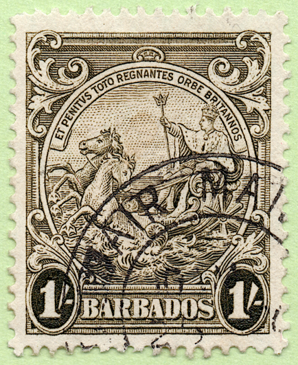 1938 Barbados postage stamp featuring the colonial seal with King George VI as Neptune in a chariot-boat pulled by sea horses. Engraved image, printed in brown olive. Acanthus leaf ornaments decorate the four corners of the stamp. The denomination, 1/-, is enclosed in oval tablets to the bottom left and right. 

A pennant with the Latin motto, "et penitus toto regnantes orbe britannos" ("â€¦and Britain rules the whole world") is at the top of the seal vignette. Between the denomination tablets reads, "Barbados."

Partial circular date stamp reading "Air mail" at the top cancels the bottom right portion of the stamp.