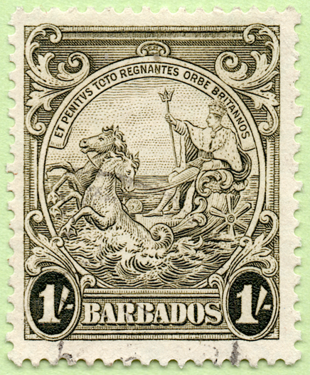 The olive green color 1938 Barbados postage stamp featuring the colonial seal. Very faint postmark is visible on the lower part of the stamp.