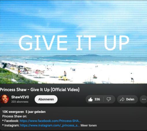 Screenshot of a YouTube music video "Give it Up", by Princess Shaw, a black R & B music artist