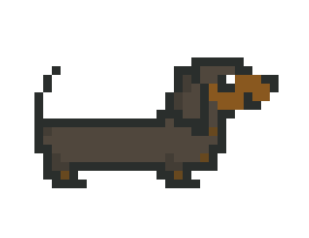 pixel art of a daschshund (sausage dog). he looks to the right, smiling.

Pixel art d'un teckel. Il regarde à droite en souriant