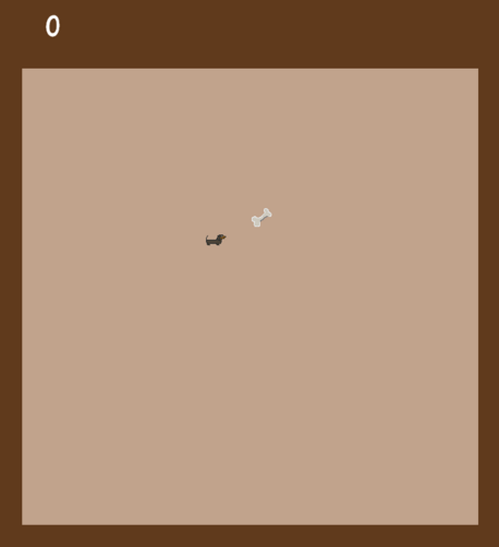 Pixel art of a "snake game" board. On the top, a counter of points (currently 0), and in the center, a small daschshund, and a small bone.

Pixel art d'un écran de snake mais avec un teckel. En haut, un compteur de points (pour le moment 0), et au milieu, un petit teckel et un petit os.