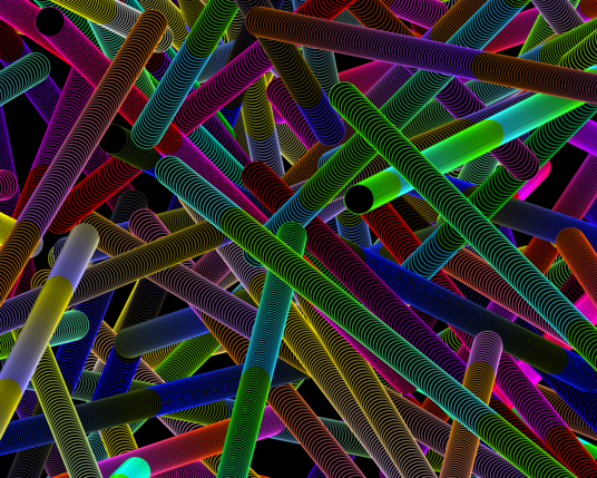 Many neon tubes, each of which is composed of successive circles of different colors forming a color gradient, all floating haphazardly in empty space