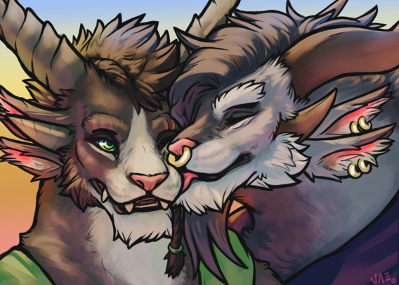 A portrait of a charr couple, two males, the one of the right giving the left a lick on the cheek.