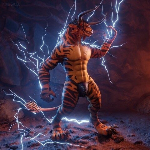 3D render of a male charr (Warrick Ashblood) with orange fur and tiger stripes standing in a dimly lit cave. He’s flexing and showing off his muscles and his elemental magic, with lightning arcs jumping between the ground, his tail, his arms, and his shoulders. The lightning illuminates the left side of the scene with a blue light, contrasting with red fire light coming from somewhere to the right.