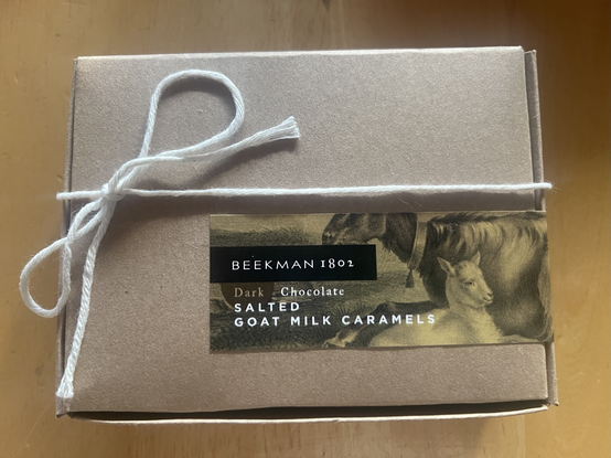 Box of dark chocolate salted caramels made from goat milk