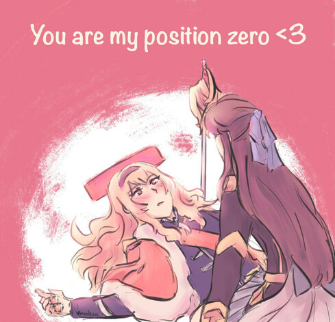 Maya straddles Claudine, sinking her rapier in the ground just next to her. 

Above the drawing is the text "You are my position zero <3"