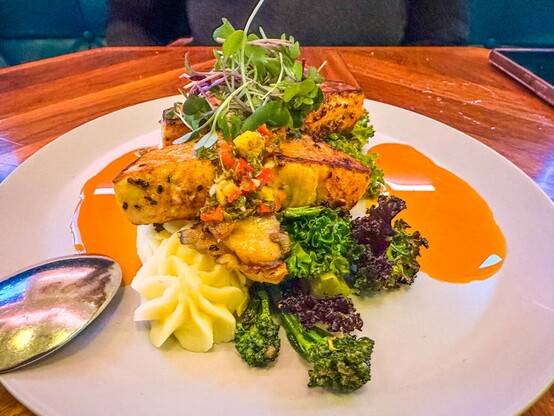 A swordfish and mashed potato dish