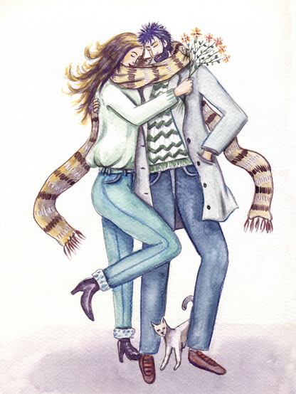Valentine's watercolor illustration: a man and a woman hug while sharing a scarf
