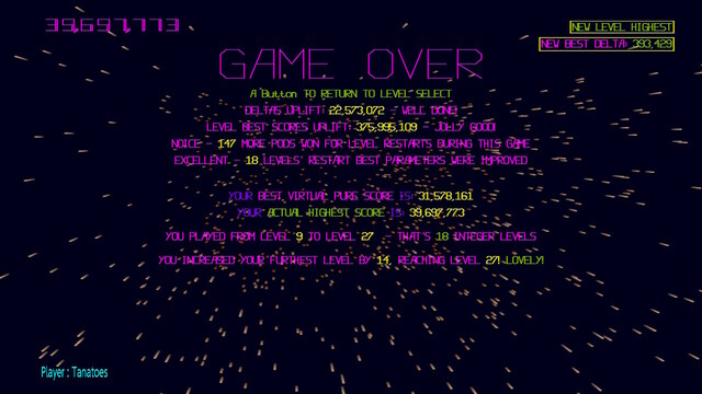 A screenshot from Akka Arrh showing a game over at level 27 with a score of 35 mil.