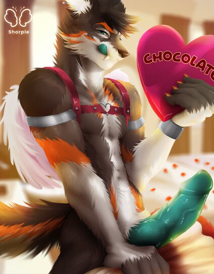 Ethyos, a male anthro wolf, is standing naked, wearing a pink harness with white wings in his back. He is holding a pink hearth-shaped box.
He is rock hard, his throbbing dick being clearly shown in front, swelling, the knot visible.
He is looking at you smirking, with a playful look and his tongue sticking out.