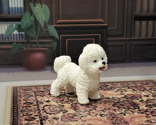Fluffy white dog plastic toy in a room diorama scene.