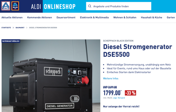 A screenshot of the ALDI Nord online shop showing a "Diesel Stromgenerator" product page.