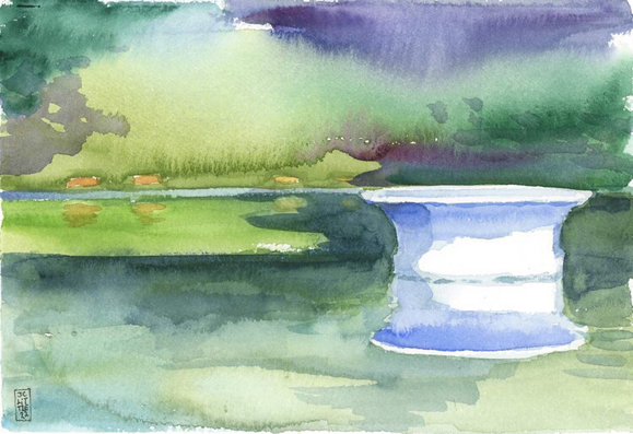 Watercolour painting of the fountain at Parc La Fontaine. The fountain is non-functioning. So the pond surrounding it is calm. Mere suggestions of benches in the distance, expressive colour bleeds for the pond and greenery.