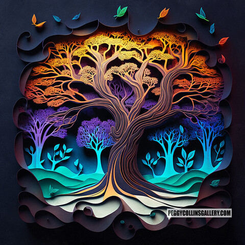 Artwork of a tree of life with fall colors and a forest behind it, done with a 3D effect of a papercut design, by artist Peggy Collins.