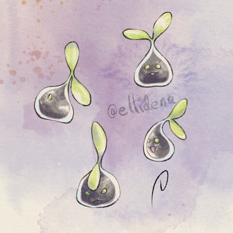 drawing of four figures with a sprout-like appearance