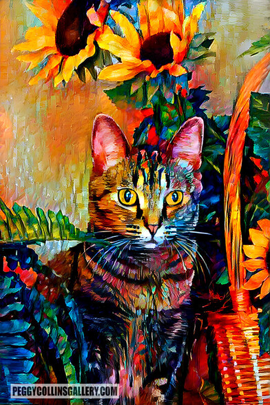 Colorful artwork of a Bengal tabby cat posing by a basket of sunflowers and fern leaves, by artist Peggy Collins.