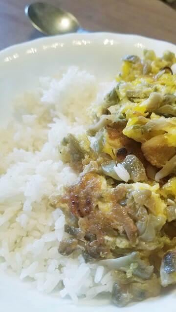 A bowl of fried preserved kohlrabi & eggs, over steamed white rice.