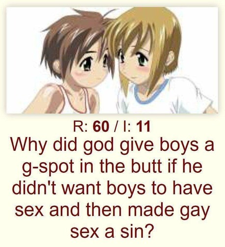 You can see a picture on light yellow/beige background. Under it there is a text in red. On the picture you can see the two main characters of Boku no Pico from Episode 2, which are two young boys. One with brown hair, the other has longer (sterotypical: girlish) blond hair.
Underneath it says: "R: 60 / I: 11". Underneath it says the following:
"Why did god give boys a g-spot in the butt if he didn't want boys to have sex and then made gay sex a sin?"