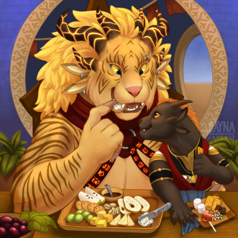 Two charr, a father and his cub, sit at a table eating from their respective snack trays.