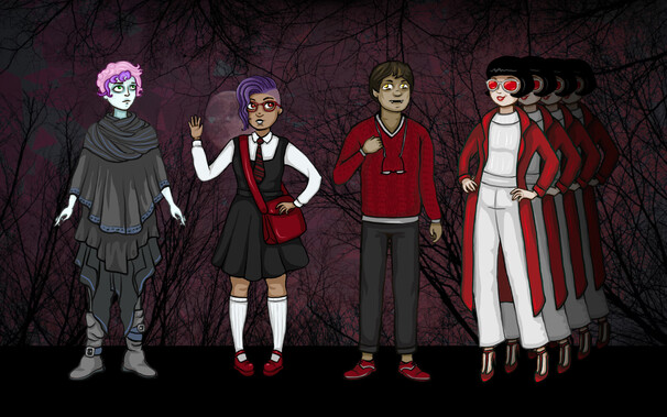 Four illustrated characters. The first is pale, with grey flow-y robes and pink-purple short hair. The second has a purple side-cut and red glasses and eyes, wearing a black/white/red school uniform. The third has yellow eyes and sharp fangs, wearing a casual red sweater and stylish red shoes. The fourth has short black bobbed hair and red sunglasses, wearing a white outfit and red jacket. There are three other identical figures in a line behind her.