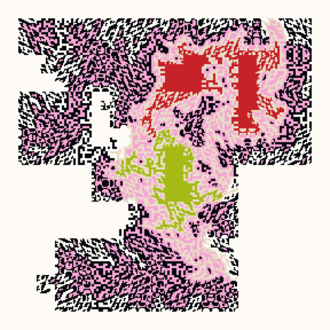 An image composed of blocky patterns of nested pixels in black, pink, cardinal red, beige, and lichen green. Much of image is empty. The arrangement of shapes suggests a skull with red eyes and a green mouth, or maybe not.