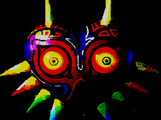 The mask from The Legend of Zelda: Majora's Mask, rendered as it would appear on a ZX Spectrum.

The image consists of a mask with two large eyes and a series of protruding spikes, displayed in bright, primary colours on a black background.