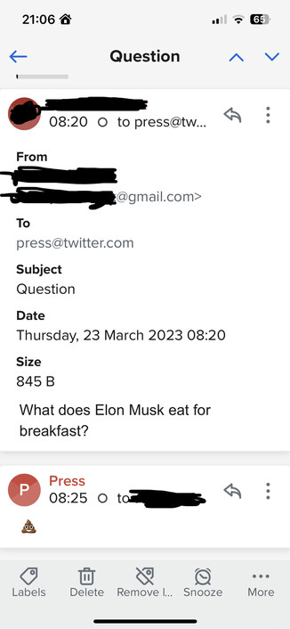 Screenshot of an email browser showing a message from the author to the press office of Twitter which asks the question “What does Elon Musk eat for breakfast?”. The press office replies with a poo emoji.
