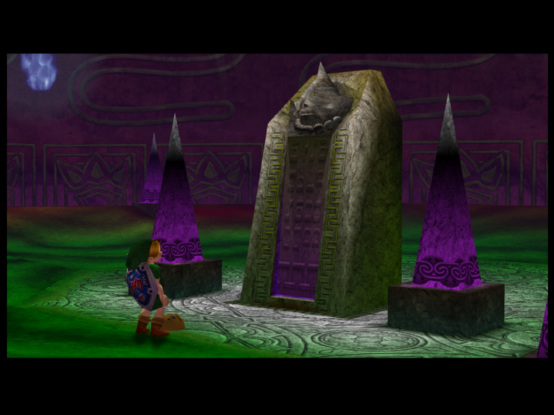 Link from Majora's Mask standing in front of Darumani's grave in his Tomb. The Nintendo 64 models have improved textures applied to them.
